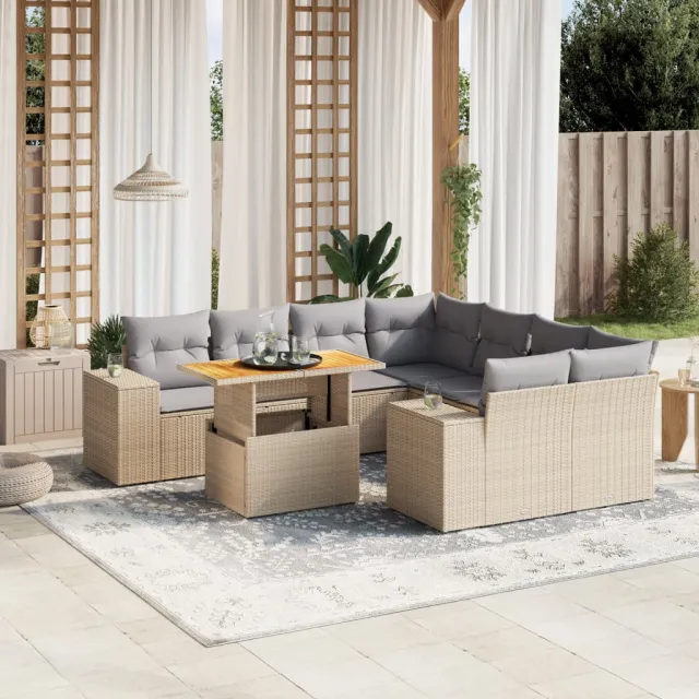 vidaXL 9-delige Loungeset met kussens poly rattan beige, foto 2