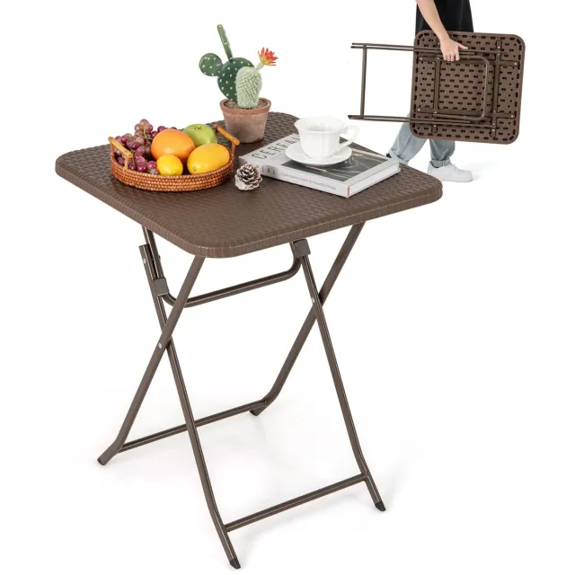 Costway Tuintafel in rotan-look, klaptafel, kleine eettafel, 60 x 60 x 72 cm, inklapbare balkontafel met HDPE-tafelblad, vierkante campingtafel voor balkon, tuin, terras Bruin