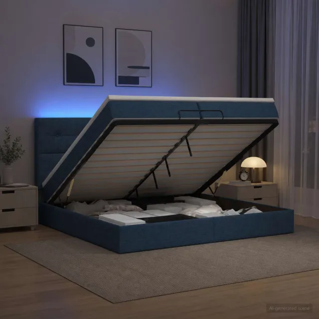 vidaXL Ottoman Bed met Matrassen en LED Blauw 200 x 200 cm Stof