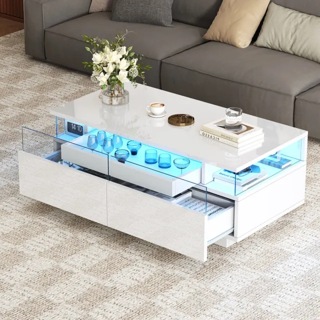 DESMIU Salontafel Met Tablet En Ledverlichting Voor Woonkamer En Bankopstelling Van Spaanplaat Acryl En Gehard Glas Wit 90 X 45 X 35,5 Cm