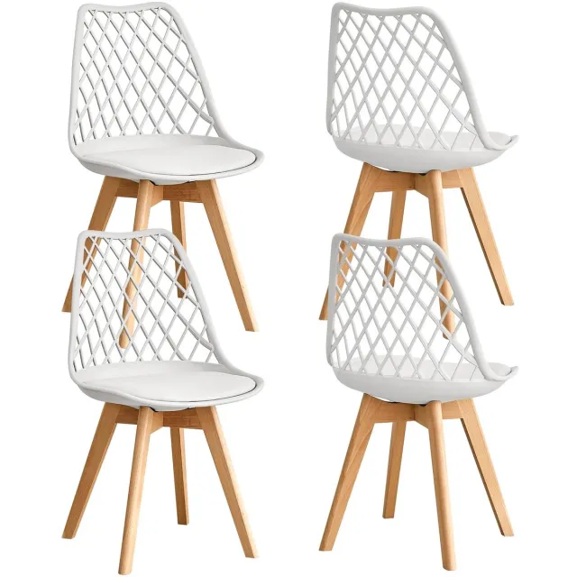 NaevaMi Eetkamerstoelen - Eetkamerstoelen Set van 4 - Eetkamerstoelen met Houten Poten - Modern en Minimalistisch - Pu Gewatteerde Zitting - Beukenhout Benen - Nordic Stoel Voor Keuken Woonkamer/Eetkamer - Wit