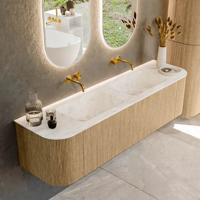 Mondiaz KURVE-DLUX 170 cm Onderkast Greeploos 1 Lade Met Deuren Oak, Wastafel Solid Surface Dubbel Frappe 0 Kraangaten Zonder Spiegel (KRVLEA170L+R1L2D0KD-Oak/Fra)