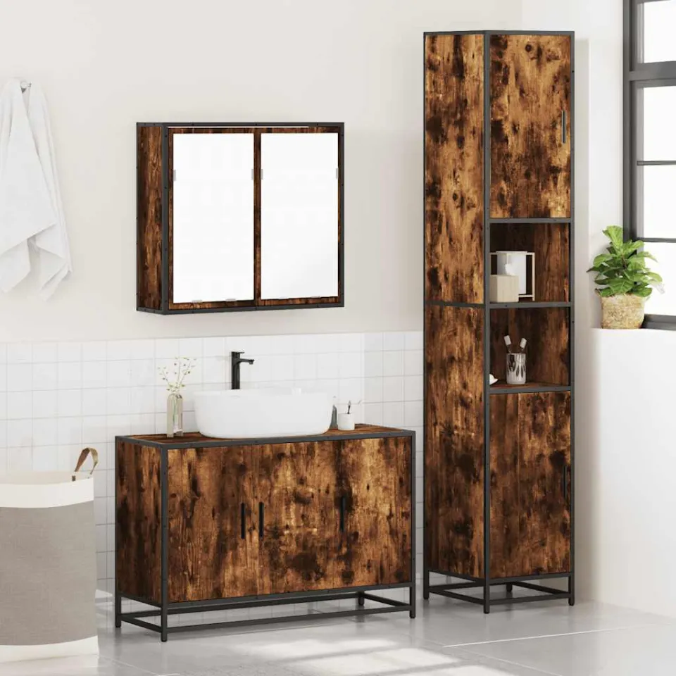 vidaXL 3-delige Badkamermeubelset bewerkt hout gerookt eikenkleurig, foto 4