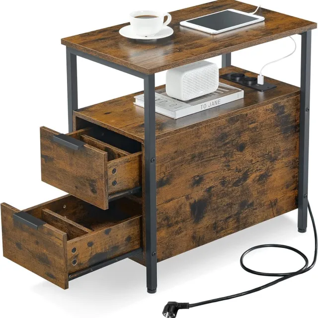 FurnStar Bijzettafel - Nachtkastje met stekkerdoos - 2 Laden - Banktafel - Nachtkastje voor woonkamer - Slaapkamer - Vintage bruin + Inktzwart