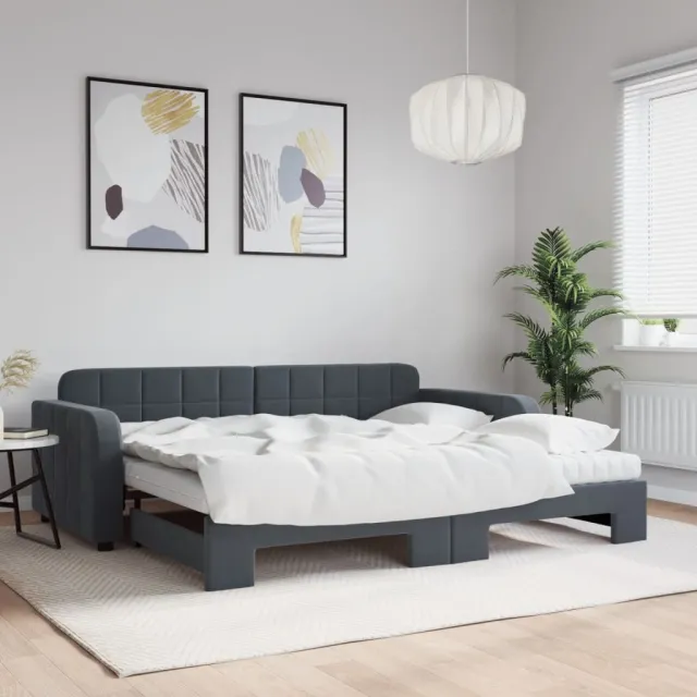 vidaXL Slaapbank onderschuifbed matrassen 90x190cm fluweel donkergrijs grijs