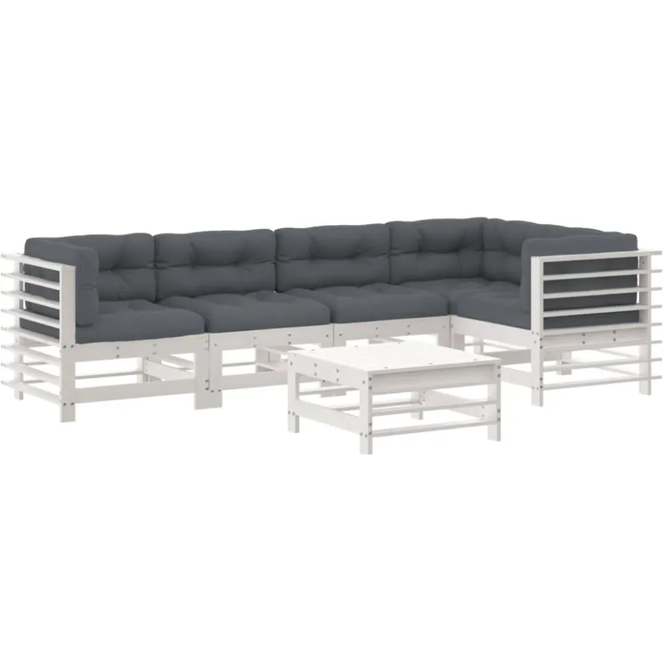 vidaXL 6-delige Loungeset met kussens massief hout wit, foto 3