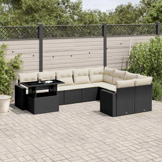 vidaXL 10-delige Loungeset met kussens poly rattan zwart, foto 2