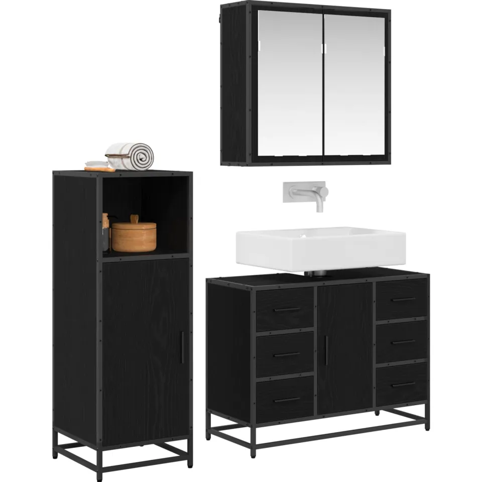vidaXL Badkamermeubelset 3 st Zwart Eiken 80 x 33 x 60 cm Bewerkt hout