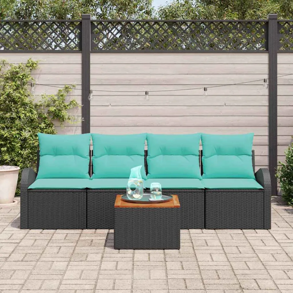 vidaXL Tuinbankenset 5 st Zwart en Turquoise poly rattan, foto 3