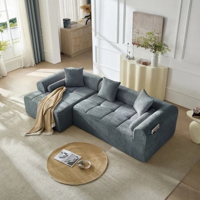 Vankel Moderne chenille hoekbank - L-vormige bank met chaise longue - Loungebank 2-3 personen - Relaxbank voor woonkamer - Blauw