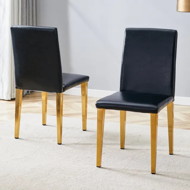 Wishdor Elegante Eetkamerstoelen Set van 2 - Hotel Chic - Ergonomisch - Premium Vegan Leer - Zwart met Goud Zwart + Goud