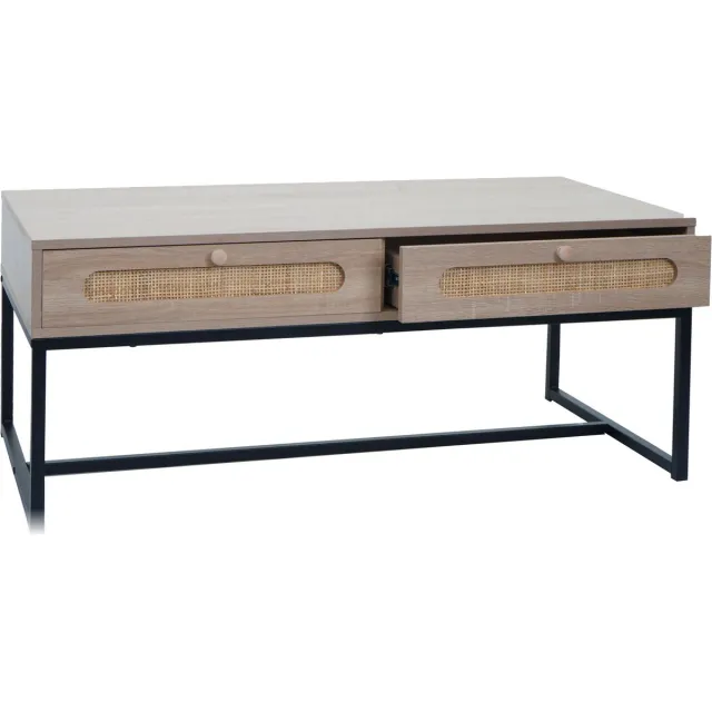 MCW Salontafel MCW-M41, woonkamertafel bijzettafel sofatafel, lade, Kubu rotan hout melamine, eiken look Beige