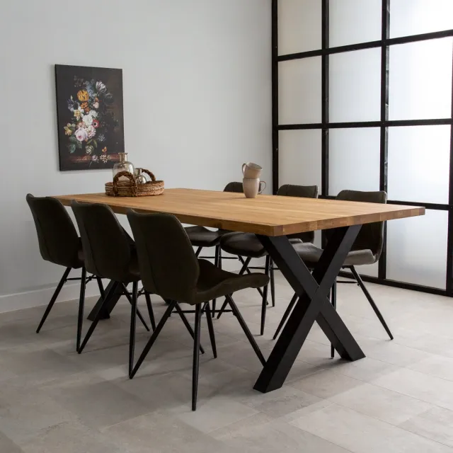 Dimehouse Industriële Eettafel Eikenhout X-poot Zwart Rover 200 x 100 x 4 cm - Eikenhout - Industrieel - Rechthoek Bruin