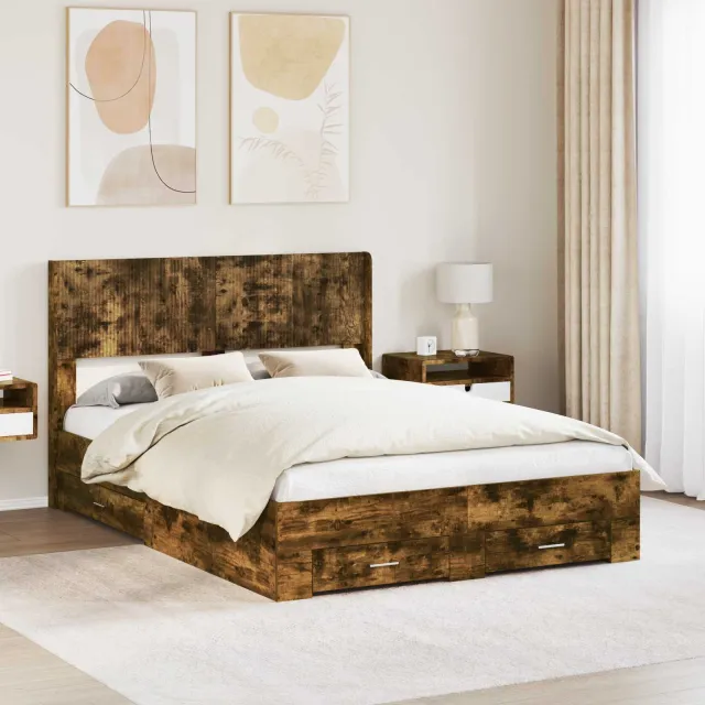 vidaXL Bedframe met opbergruimte en hoofdbord Gerookt eiken Bruin