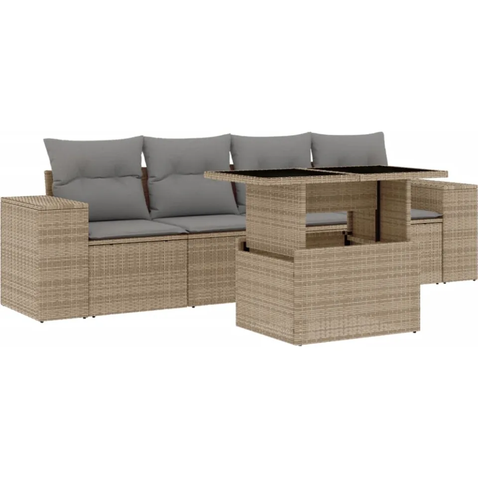 vidaXL 5-delige Loungeset met kussens poly rattan beige, foto 3