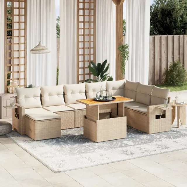 vidaXL 9-delige Loungeset met kussens poly rattan beige, foto 2