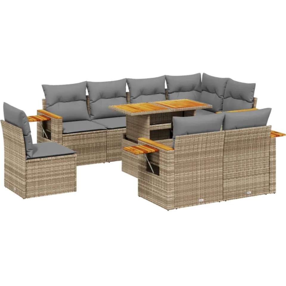 vidaXL 9-delige Loungeset met kussens poly rattan beige, foto 3