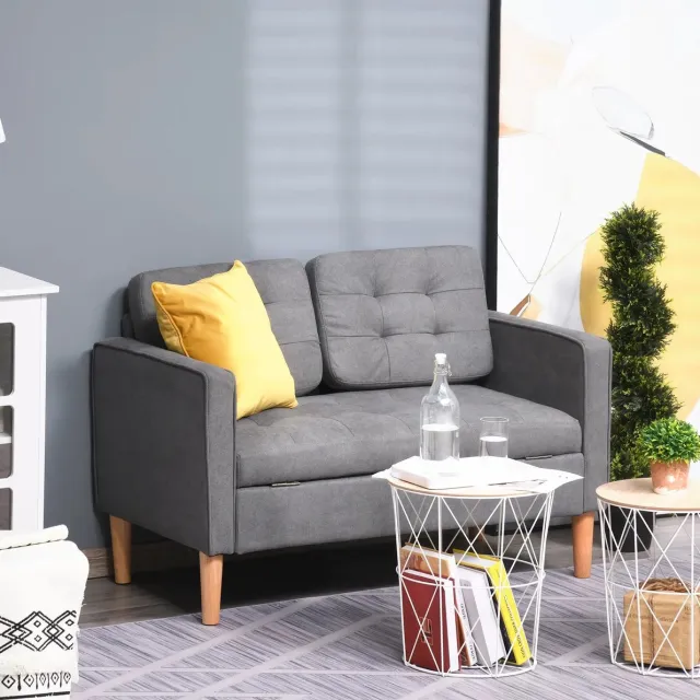 COVREO 2-zits bank 117x62x78 cm - grijs polyester, opbergruimte, afneembare kussens