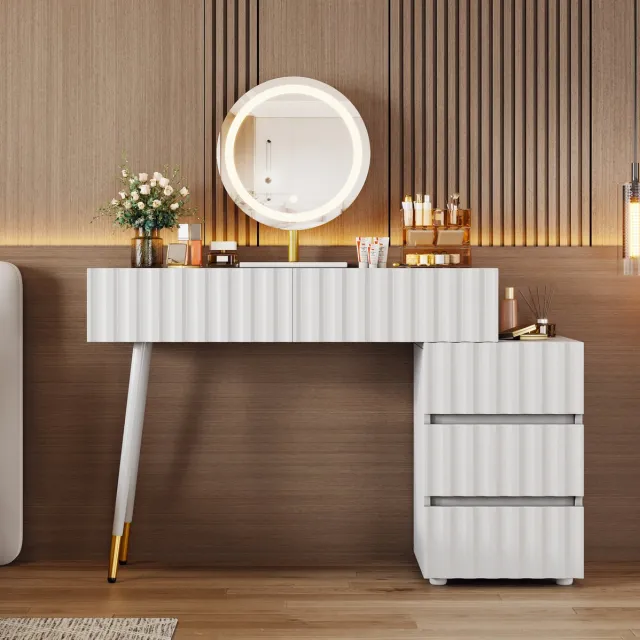 HAUSS SPOLE Kaptafel - Met Ledspiegel En Driekleurige Verlichting - 5 Lades Voor Slaapkamer - Wit Hout En Metaal - 100x40x127 Cm