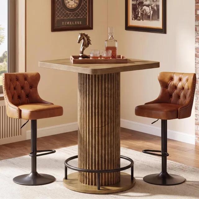 Tribesigns Bartafel - 70 x 70 x 100 cm - Keukentafel - Eettafel met Ergonomische Metalen Voetsteun en Afgeronde Hoeken - Bruin