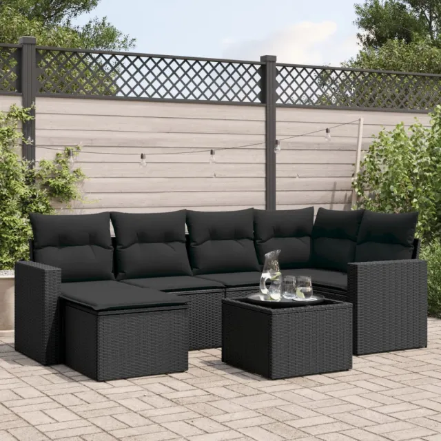 vidaXL 7-delige Loungeset met kussens poly rattan zwart, foto 2
