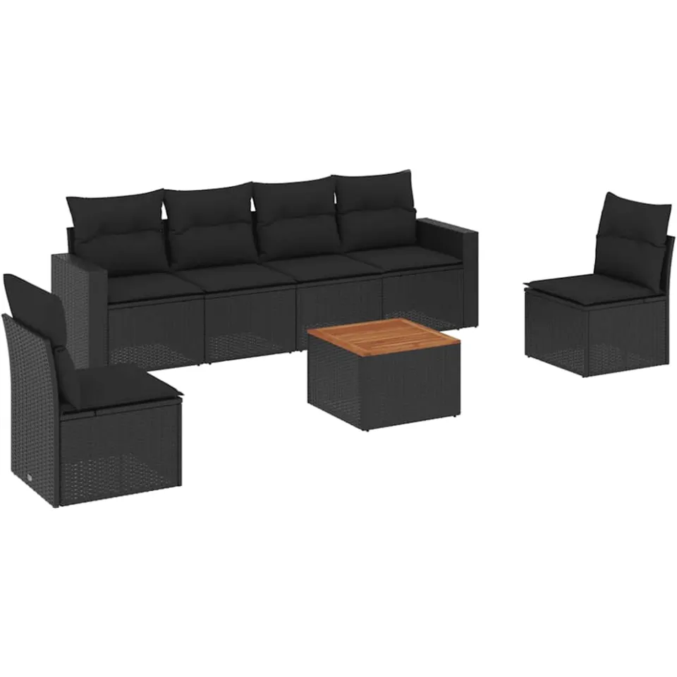 vidaXL 7-delige Loungeset met kussens poly rattan zwart, foto 3