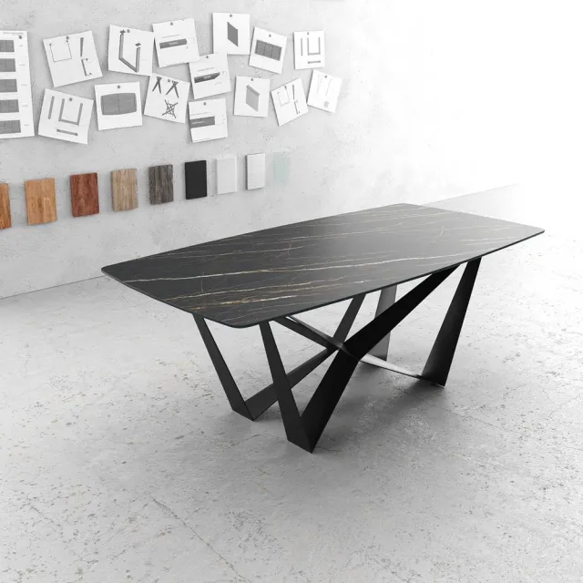 DELIFE Eettafel Edge bootsvorm 200x100cm Laminam® keramiek bruin middenvoet vlak staal zwart