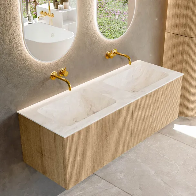 Mondiaz KURVE-DLUX 130 cm Onderkast Greeploos 2 Lades Zonder Deuren Oak, Wastafel Solid Surface Dubbel Frappe 0 Kraangaten Zonder Spiegel (KRVLEA1302L0D0KD-Oak/Fra)
