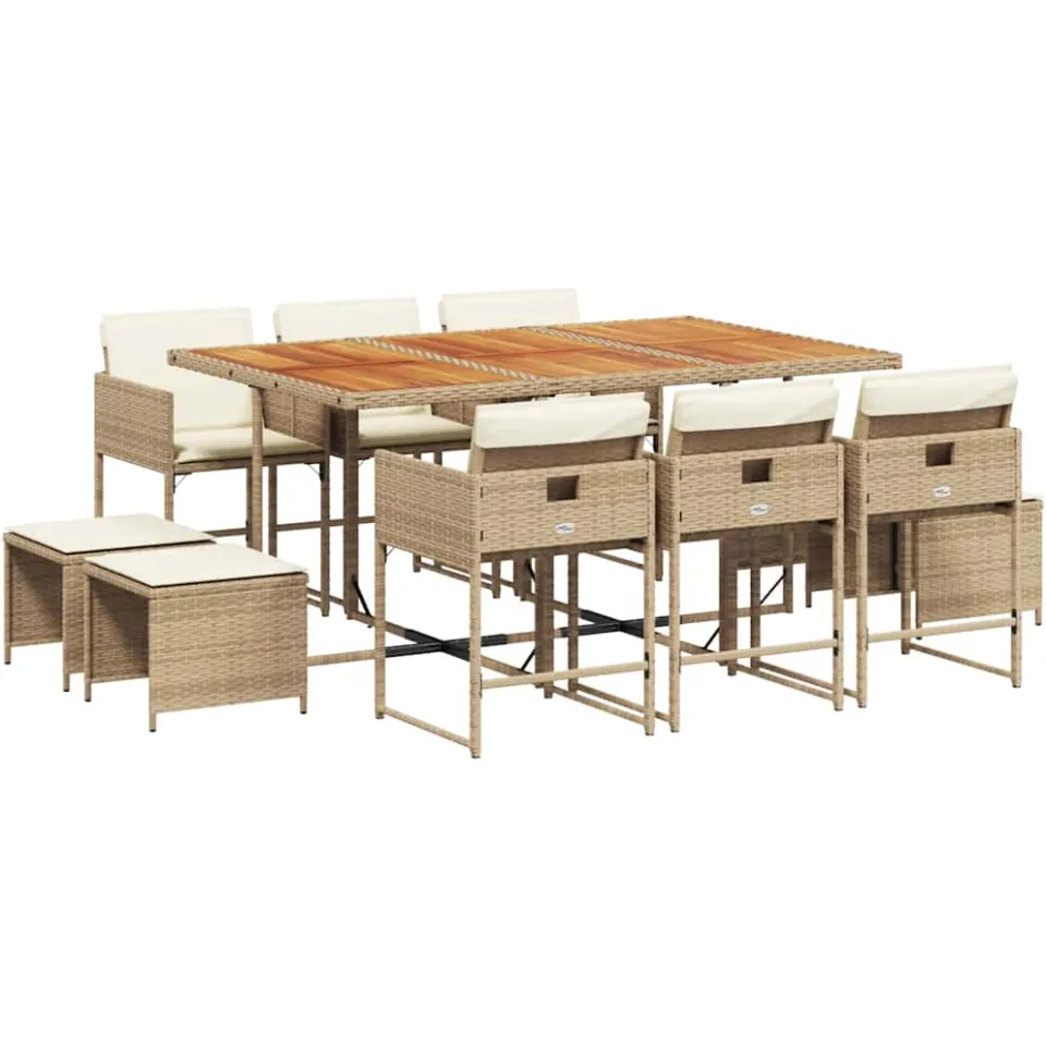 vidaXL 11-delige Tuinset met kussens poly rattan beige, foto 3