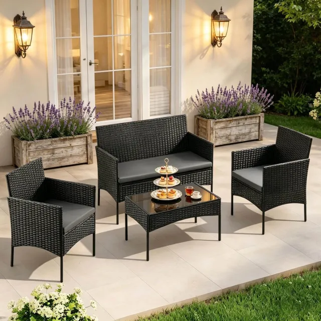 MODENUIT Loungeset - 4-Zits Met Glazen Tafel En Kussens - Voor Tuin, Terras En Balkon - PE-Rattan Zwart