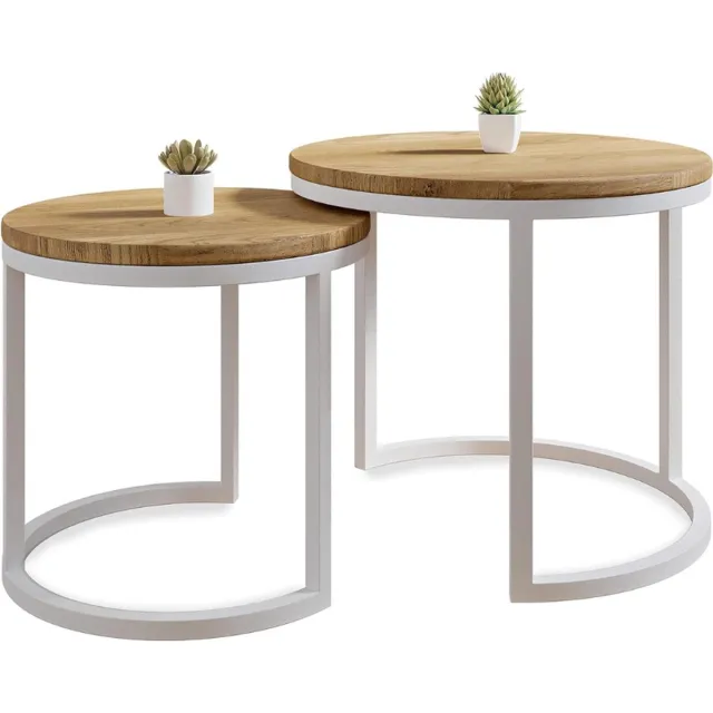 PEAM Set Van 2 Ronde Salontafels Modena - Handgemaakt Van Massief Natuurlijk Eikenhout Met Modern Minimalistisch Industrieel Design (Ø50x43 Cm / Ø40x38 Cm) WIT EN BRUIN