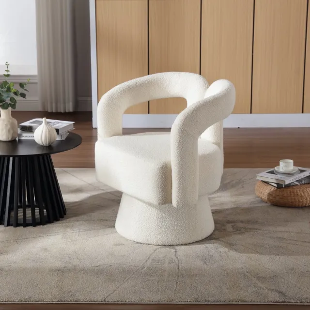 HAUSS SPOLE Draaistoel – Bouclé Kuipfauteuil – 360° Draaibaar – Brede Zitting Met Dik Kussen – Woonkamer Slaapkamer Kantoor – Bouclé Beige