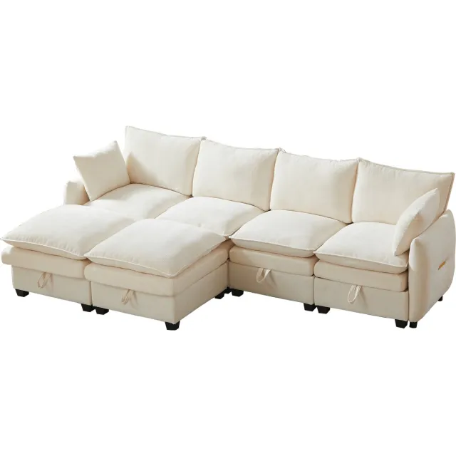 Merax U-Vormige Hoekbank 6-Zits - Modulaire Bank Met Opbergruimte En Hockers - Chenille Beige Sofa Met Kussens Voor Woonkamer En Kantoor