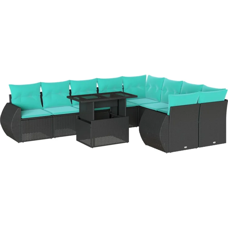 vidaXL 10-delige tuinbankset met kussens van zwart polyrotan, foto 3