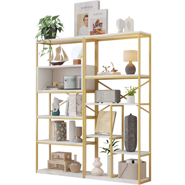 MUVANO Moderne Open Kast - Boekenkast Goud Wit - Vakkenkast 180 cm Hoog - Brede Wandkast - 160x29,5x180 cm - Opbergen - Woonkamer Goud Wit