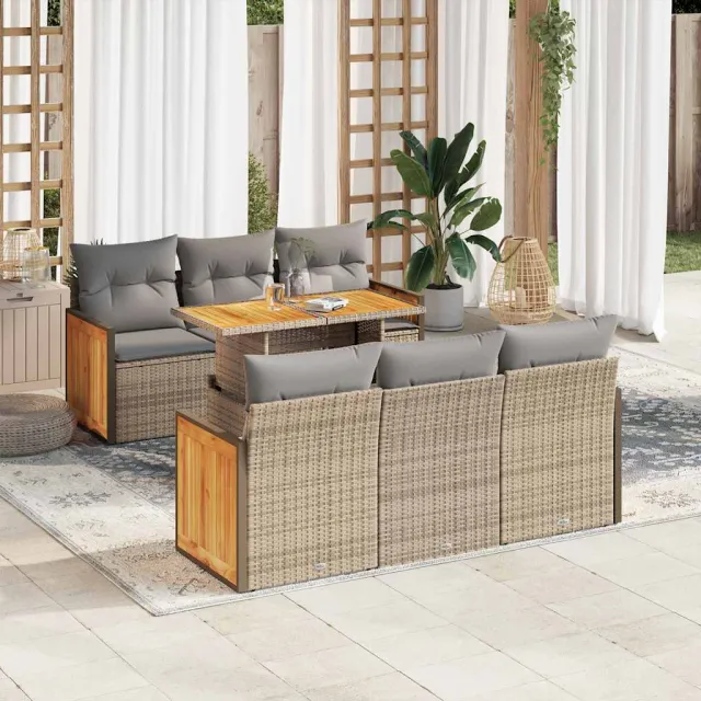 vidaXL 7-delige Loungeset met kussens poly rattan acacia beige, foto 2
