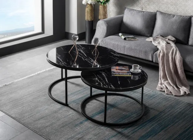 Swiss Homess Swiss Homes® | Salontafel Set van 2 - Marmer Look - Ø80 / Ø 80 / Ø 45 cm | Lotus Zwart (Black)- Bijzettafel - Tafel Rond - Woonkamer Tafel - Decoratie Tafel - Salon Tafel - Wandtafel - Marmerlook - Koffietafel | MDF