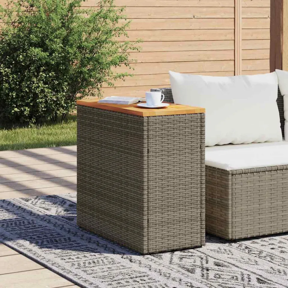 vidaXL Tuinbijzettafel met houten blad 58x27,5x55 cm poly rattan grijs, foto 3