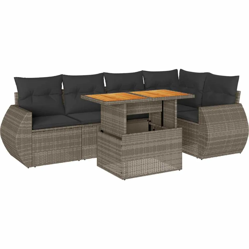 vidaXL 6-delige Loungeset met kussens poly rattan grijs, foto 3