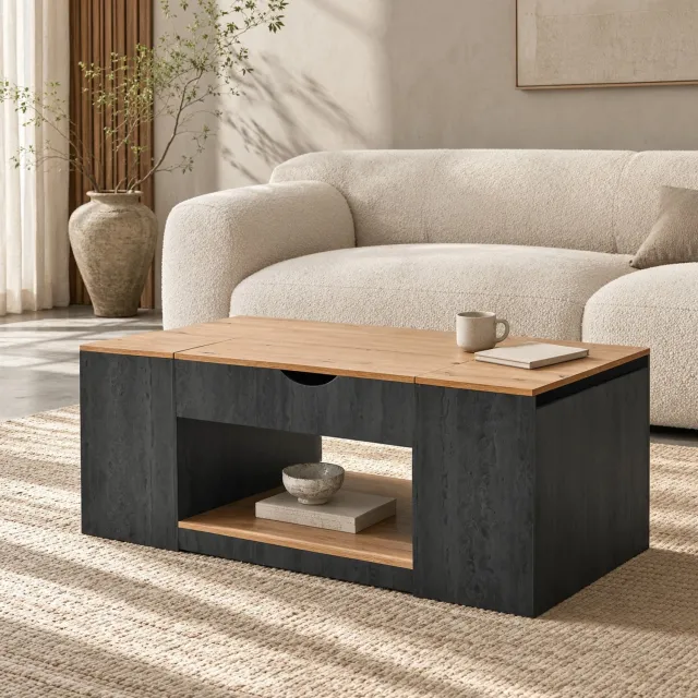 MEUNIQ salontafel 109,5 x 59,7 x 43 cm met hydraulische liftfunctie, 3 opbergvakken en open vak, grijs met bruin houtdessin, voor de woonkamer Grijs en houtbruin