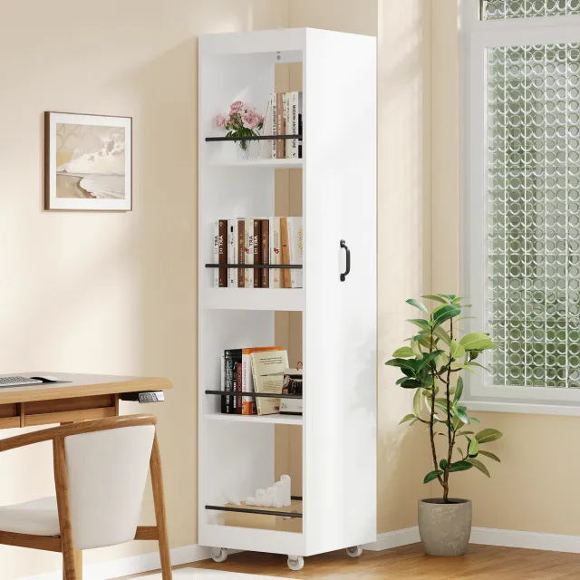 REDOM Boekenkast - Smal en hoog - Met wielen - Met beschermstangen - Open opbergrek - Woonkamer, keuken of badkamer - MDF - Wit - 40 x 30 x 160,5 cm