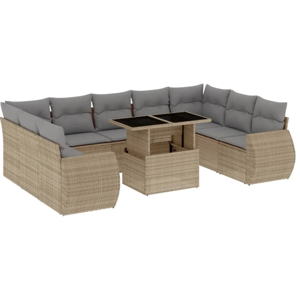 vidaXL 10-delige Loungeset met kussens poly rattan beige, foto 3