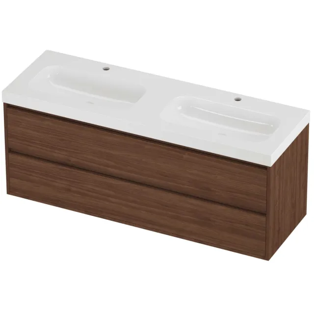 Proline Haga Badmeubelset Polystone Mezza 2 Gaten 140x46x58 cm Glans Wit Indian Walnut Houtlook
