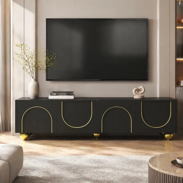 WUVRIE TV-meubel 170 x 38 x 44 cm - 4 deuren, planken en push-to-open - Zwart/goud