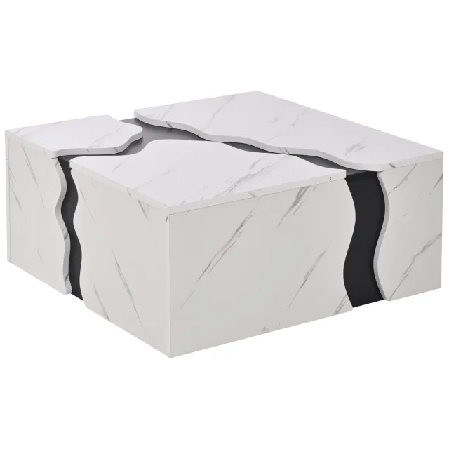MUVANO Vierkante salontafel 70x70 - Salontafel marmerlook - Salontafel met lade-Geometrisch design - 70x70x31 cm- Opbergruimte- Woonkamer Wit