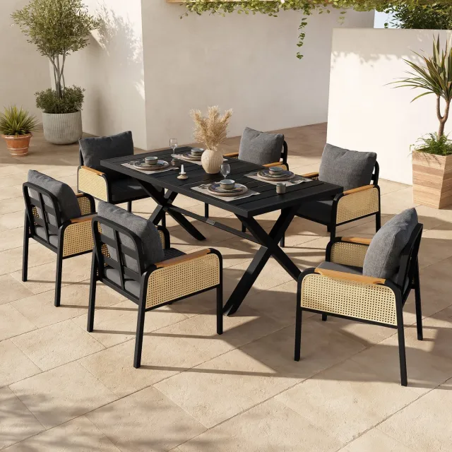 Sweiko Tuin dining loungeset - Eettafel + 6 fauteuils - Metalen frame - Gevlochten armleuningen - Met kussens - Zwart + Grijs