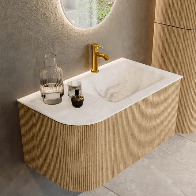 Mondiaz KURVE-DLUX 85 cm Onderkast Greeploos 1 Lade Met Deuren Oak, Wastafel Solid Surface Rechts Frappe 1 Kraangat Zonder Spiegel (KRVCLO85L1L1D1KR-Oak/Fra)