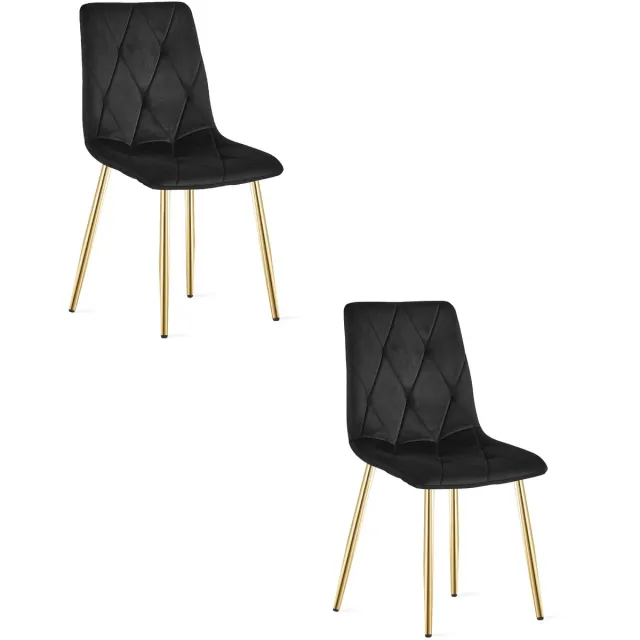 Oskar Eetkamerstoel LIBRA set van 2 - Zwart fluweel - Gouden metalen poten - Modern design Zwart/Goud