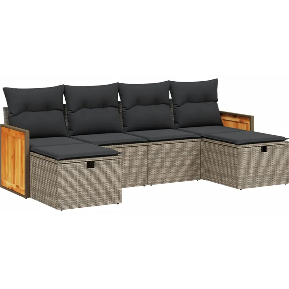 vidaXL 6-delige Loungeset met kussens poly rattan grijs, foto 3