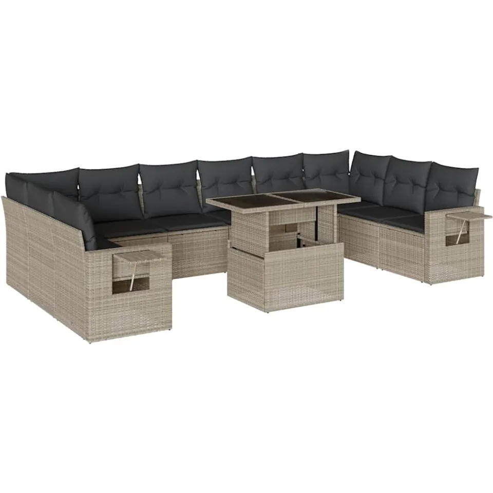 vidaXL 11-delige Loungeset met kussens poly rattan lichtgrijs